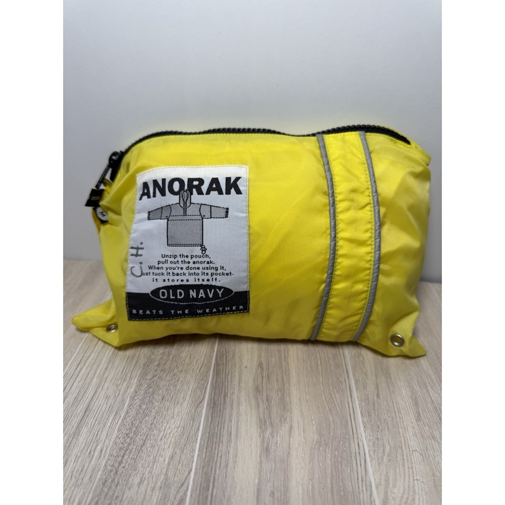 Vintage Old Navy Packable Anorak Jacket Medium Yellow Gray Piping